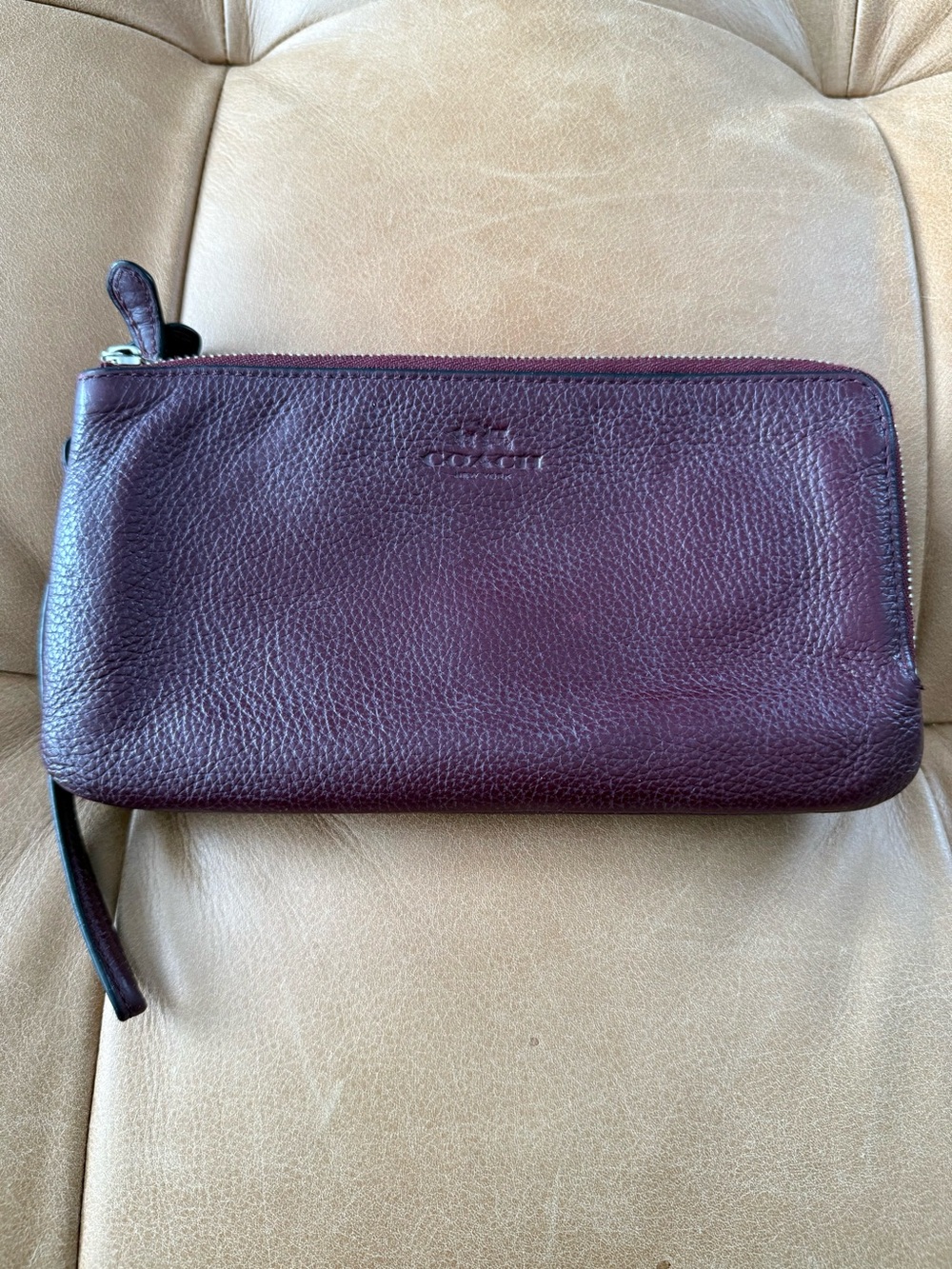 Coach Burgundy Pebbled Leather Wristlet Clutch